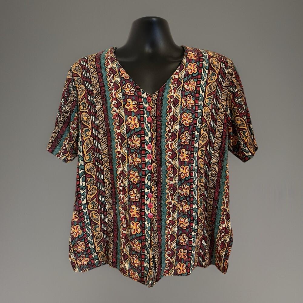 VTG 80s-90s Ditsy Floral Stripe Shirt Colorful Art Boho Paisley Ship N Shore L